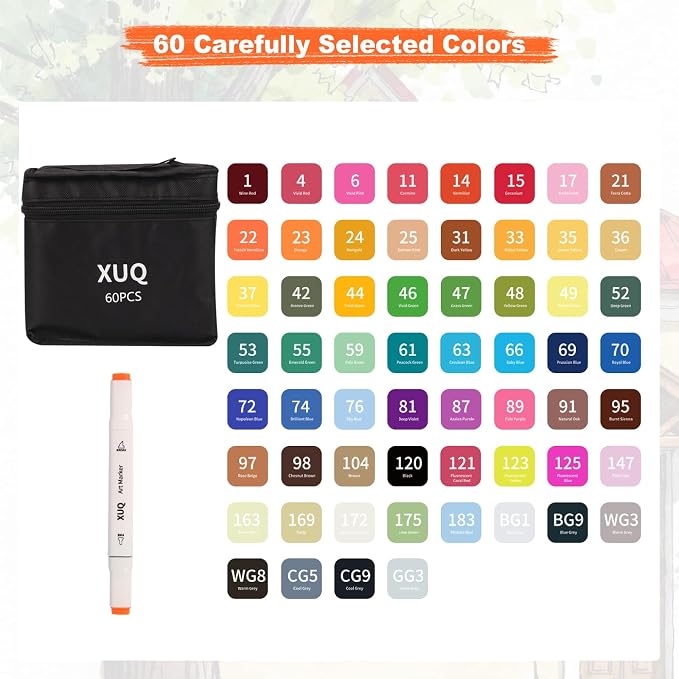 Alcohol Markers, 60 Colors Dual Brush Tip Permanent Art Markers, Coloring Marker, for Book Painting Card Making, Christmas gift for Adults Great Value Pack for Beginners