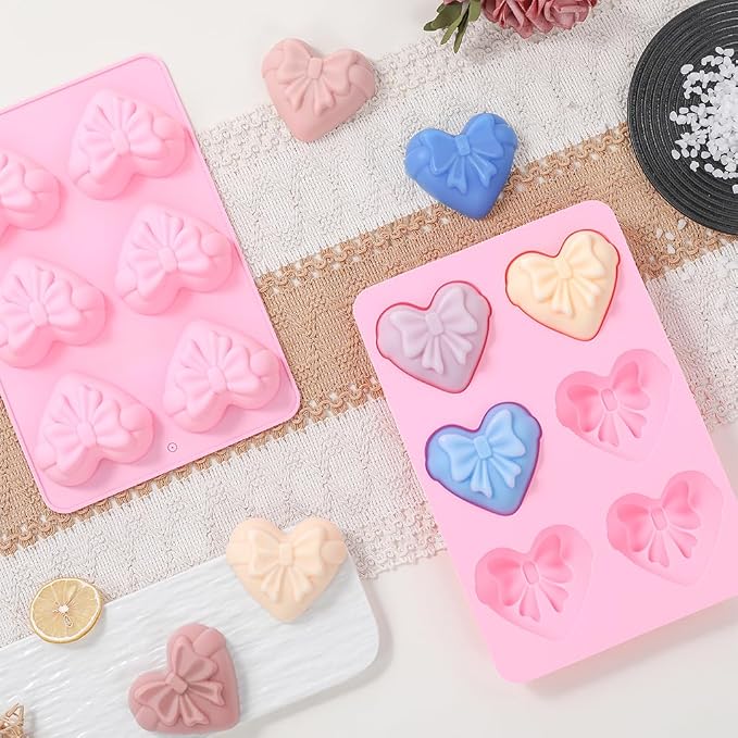 SJ Heart Bow Silicone Mold Set, 2-Pack 6-Cavity Craft Molds | For Crafts, Plaster, Soap Making, Chocolate & Wax Melts, Food Grade Silicone, Easy Release, Reusable