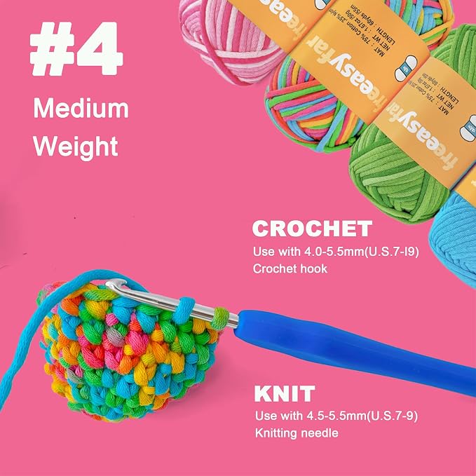 4x50g Beginner Crochet Yarn for Crocheting and Knitting; Beginner Easy Yarn kit with Tool Set (Rainbow+Strawberry+Lawngreen+Aqua, 4 Skein)