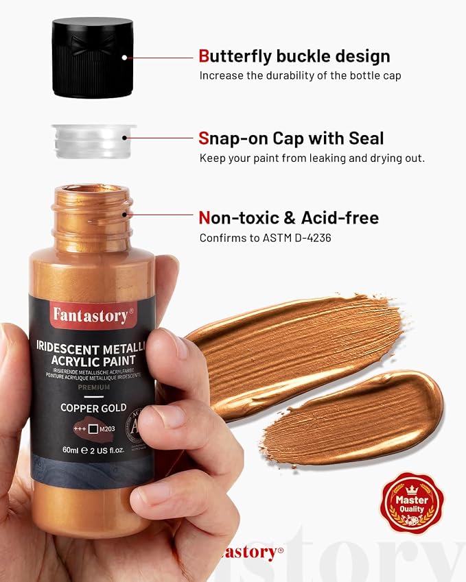 Fantastory 60ml 20 Colors Metallic Acrylic Paint Set with 12 Brushes | Professional Series, Color-Shifting, Perfect for Metal, Canvas, Rock, Stone, Ceramic, Model, Wood Painting