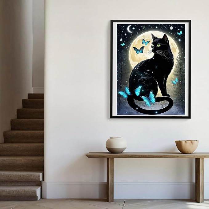 Square Drills Diamond Painting Kits, Black Cat Diamond Art Square 12x16in | Cats Diamond Painting Kit Square Drill, 5D Moon Cat Diamond Art Square Drills Kits for Aldults Home Decor Gifts