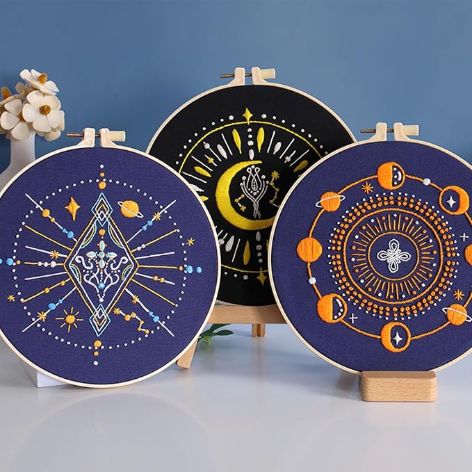 GLTAYLMY 3 Set Tarot Embroidery Starter kit with Patterns and Instructions, DIY Adult Beginner Cross Stitch Kits, Including 1 Plastic Embroidery Rings,Colored Threads and Needles