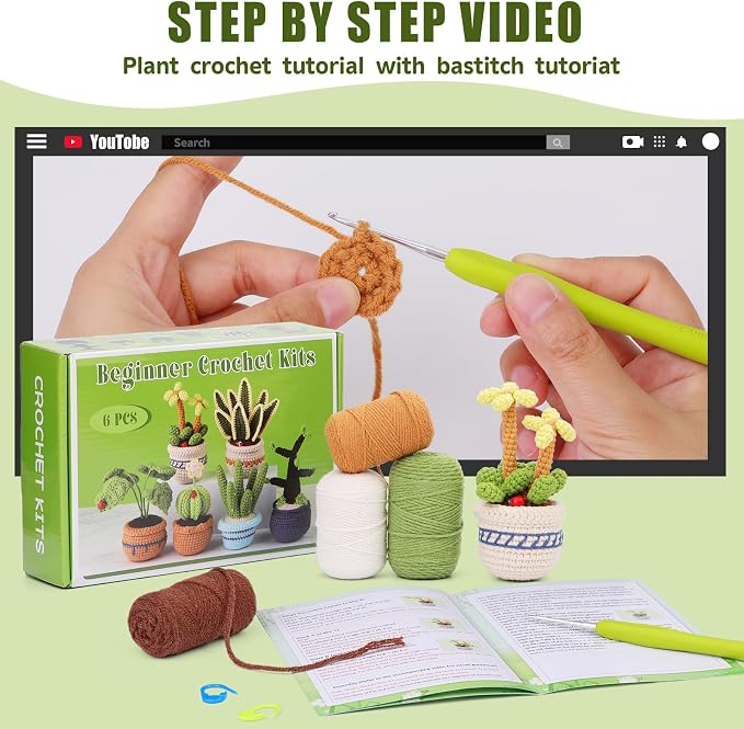 Hssugi Crochet Kit for Beginners, 6PCS Succulents Plants Crochet Kits | Crochet Kits with Step-by-Step Video Tutorials, Crochet Yarn DIY Beginner Crochet Kit for Adults Succulent Family