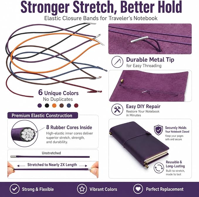 Pack of 6 Elastic Closure for Travelers Notebook- Stretchy Closure Bands Accessories for Travel Journal Daily Planner