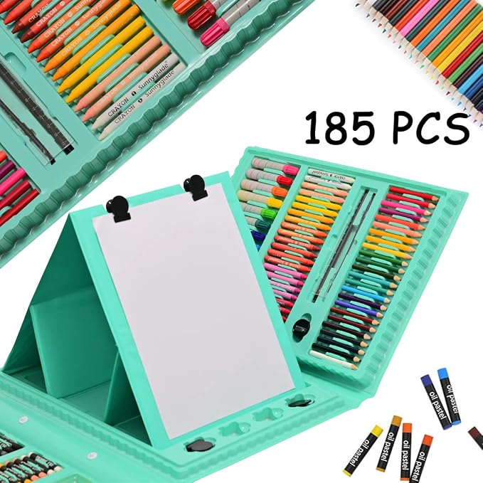 Sunnyglade 185 Pieces Double Sided Trifold Easel Art Set Art Supplies Green | Art Kit Drawing Art Box with Oil Pastels, Crayons, Colored Pencils, Markers, Paint Brush, Watercolor Cakes, Sketch Pad
