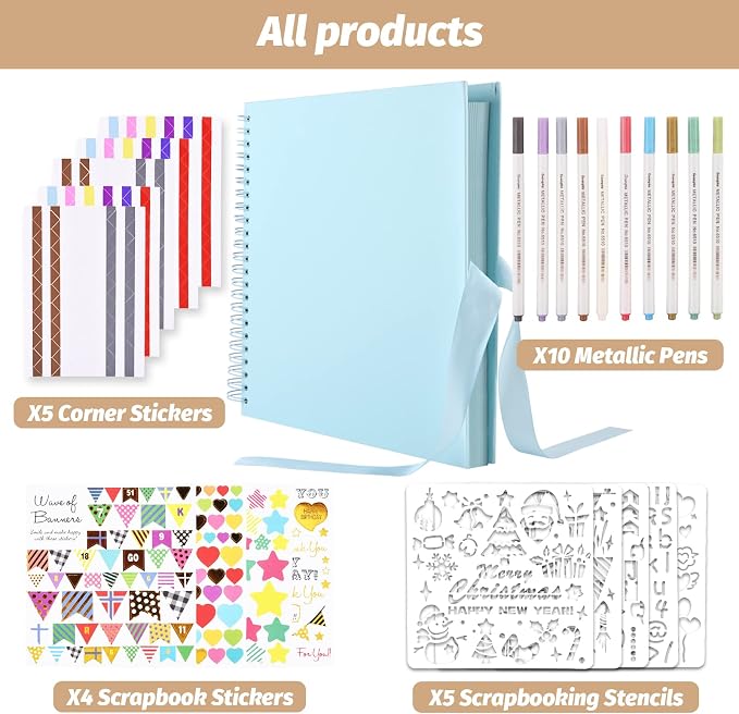 GOTIDEAL 12 x 12 Inch Scrapbook Album with 10 Metallic Markers, Blue | 80 Pages Craft Paper Photo Album for Wedding and Anniversary, Family DIY Photo Album with Scrapbooking Stickers Corners