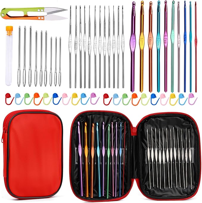 IMZAY Crochet Hooks Set, 54Pack Crochet Needles Set Ergonomic Crochet Hooks | Crochet Needles for Yarn with Storage Case, Knitting Needles, Crochet Kits for Beginners Knitting Accessories 0.6mm-6.5mm Red