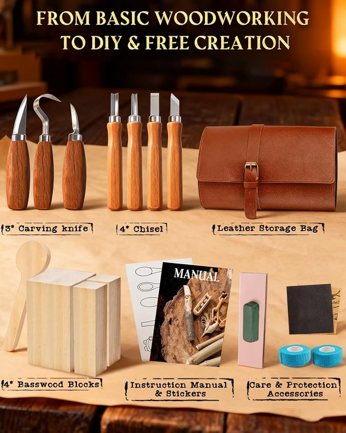 Wood Carving Kit Whittling Kit: Wood Carving Knife Tools with Leather Case | Woodworking Hobby Kit for Beginners Adult Kids, Relaxing Creative Projects, DIY Art Craft Gift for Men Teens