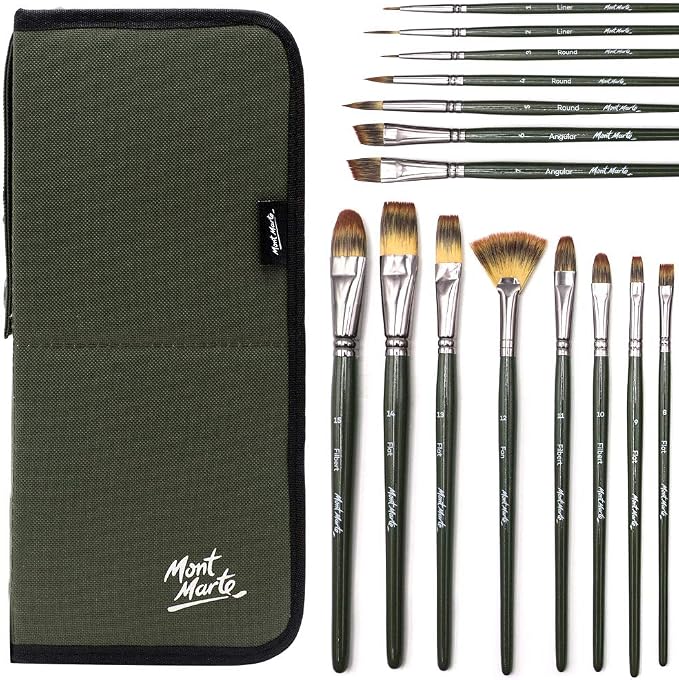 Mont Marte Signature Brush Set with Wallet, 17 Piece, Suitable for Oil, Acrylic, Watercolor and Gouache Paint, Easel Wallet Included