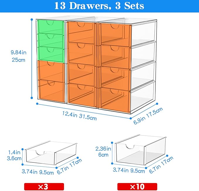 ARSTPEOE Acrylic 13-Drawer Storage & Makeup Organizer for Desk, Bath