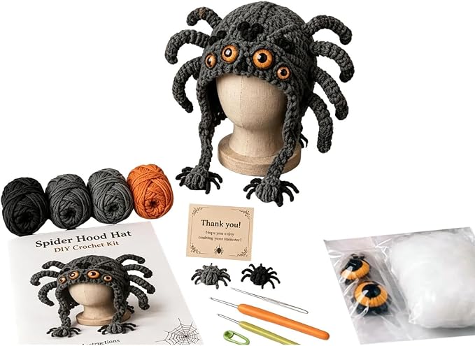 Halloween Hat DIY Crochet Kit, Fantasy Hood Hat DIY Crochet Kit, Spider