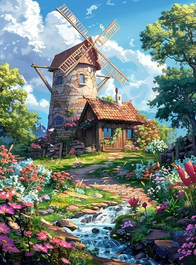 YUXUANKANG Diamond Painting Kit, Windmill Cottage Floral Landscape, 12x16 Inch, DIY Craft Activity, Resin Diamonds, Adult