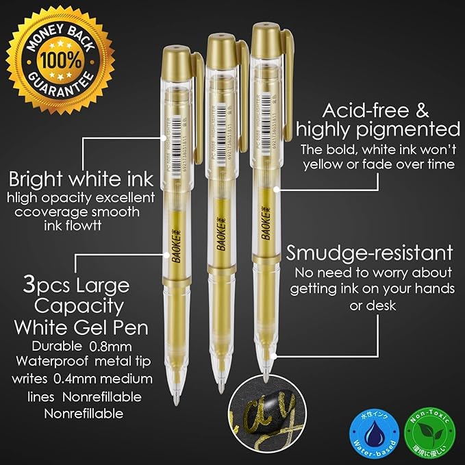 Qionew Gold Gel Pens, 3 Pack, 1mm Fine Gel Ink Pen, Opaque Ink, for Artists Drawing on Black Paper, Sketching, Illustration, Card Making, Bullet Journaling