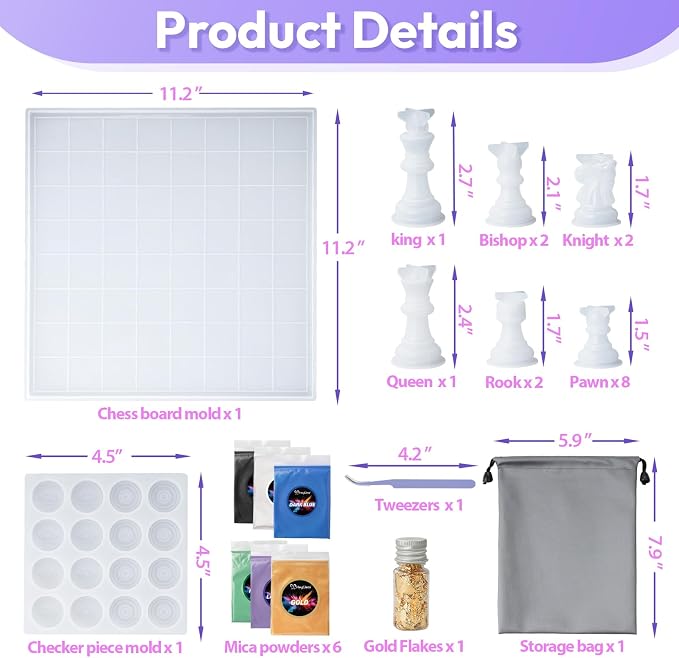HeyClear Chess Set Resin Molds, Chess Board Silicone Molds & 16PCS 3D Full Size Chess Checkers, Chess Molds for DIY Chess Board Game