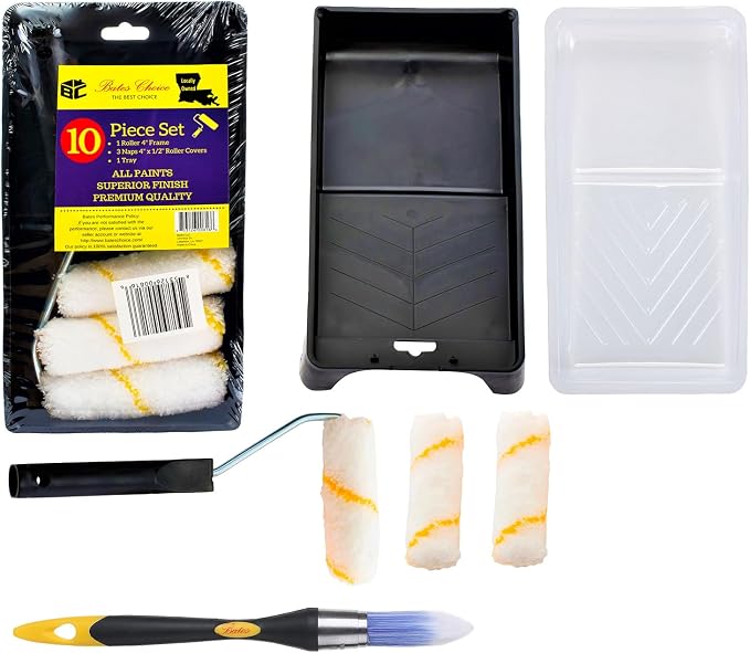 Bates- 4-Inch Paint Roller Kit, 10 pcs, Roller Set with Microfiber Sleeves & Frame, Tray, Tray Liner and Trim Brush for Walls, Cabinets, Interior, Exterior, House Painting Supplies