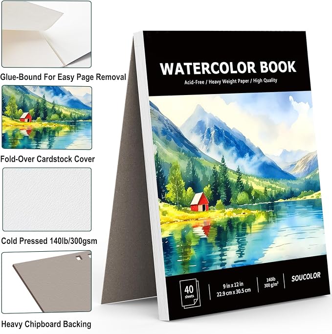 Soucolor Watercolor Paper Pad 9x12 140lb Cold Press 40 Sheets Art Supplies | Professional Wet Techniques Water Color Paper,140lb/300gsm Artist Painting Book texture,Acid-free archival quality