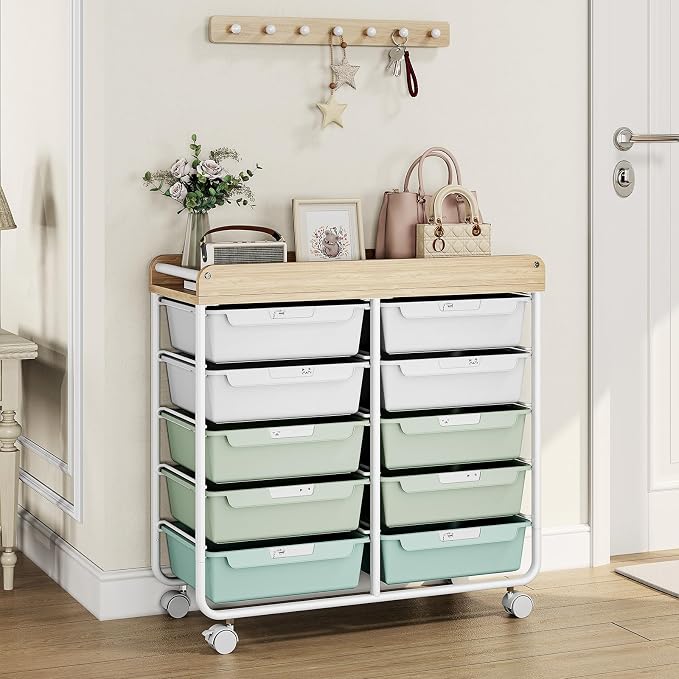 10 Drawer Rolling Storage Cart with Wood Top for Classroom Crafts Green | Easy Setup, Large Capacity, Sturdy Build, Lockable Mobility, For office, classroom and home supplies