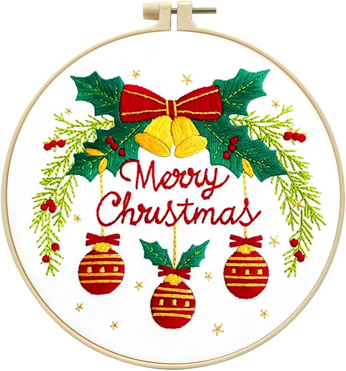 Zhenqing Merry Christmas Embroidery Kit for Beginners, Red Bells and Ornaments Craft Set with 20cm Hoop, Printed Design on 29x29cm Cotton Fabric, DIY Holiday Wall Art (C0036)