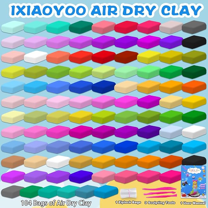 Ixiaoyoo Air Dry Clay, 104 Colors Foam Modeling Clay for School Projects