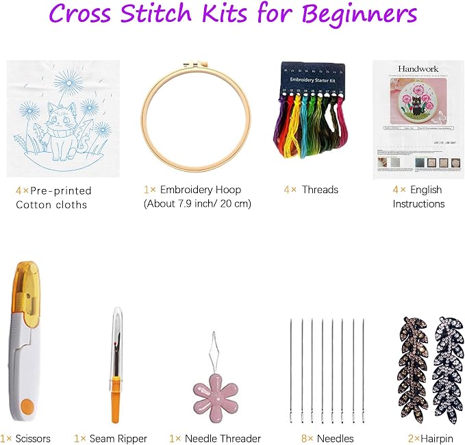 CHIYOSING Embroidery Kit for Beginners Adults, 4 Cat Pattern to Learn Over 30 Different Stitches,Includes Step-By-Step Instructions,Sharp Scissors and 2 Exquisite Hairpins and Multiple Accessories.