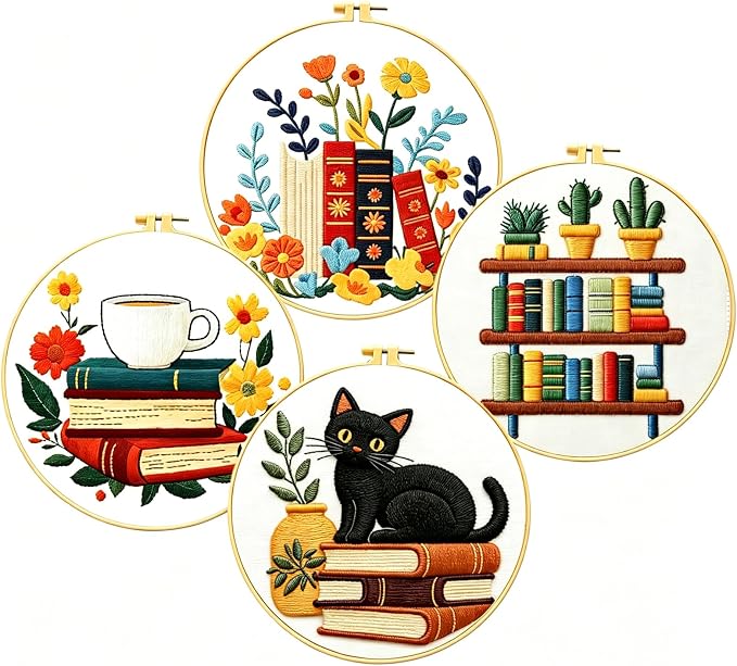 Zhenqing 4-Piece Book Lover Embroidery Kit for Beginners, Cat Coffee Books Needlework Set with Pre-Printed Fabric, Hoop, Threads & Tools (C0226)