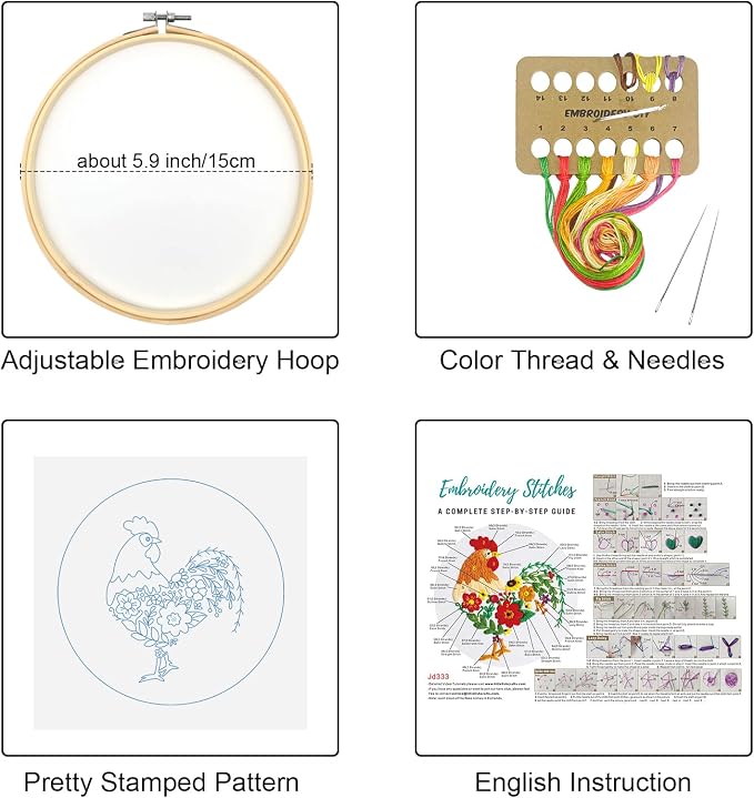 Louise Maelys Embroidery Kit for Beginners with Funny Rooster and Flower | Complete Kit Includes Fabric, Hoop, Threads, Guide. Create Fun Designs with Cross Stitch Kits. Explore Needlepoint Kit