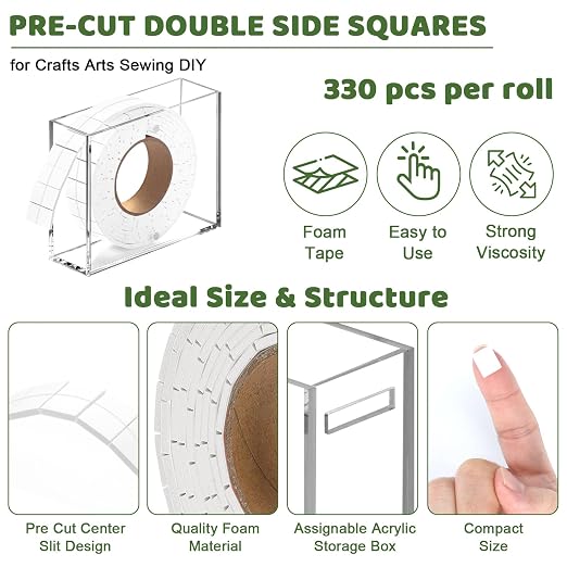 330 PCS Double Sided Foam Tape Pre Cut 1/2 X 2/5 Inch Small Adhesive Foam Squares for Crafts Thin Foam Craft Tape Split for Arts Crafts Sewing Scrapbook DIY Christmas (Tape with Box, White)