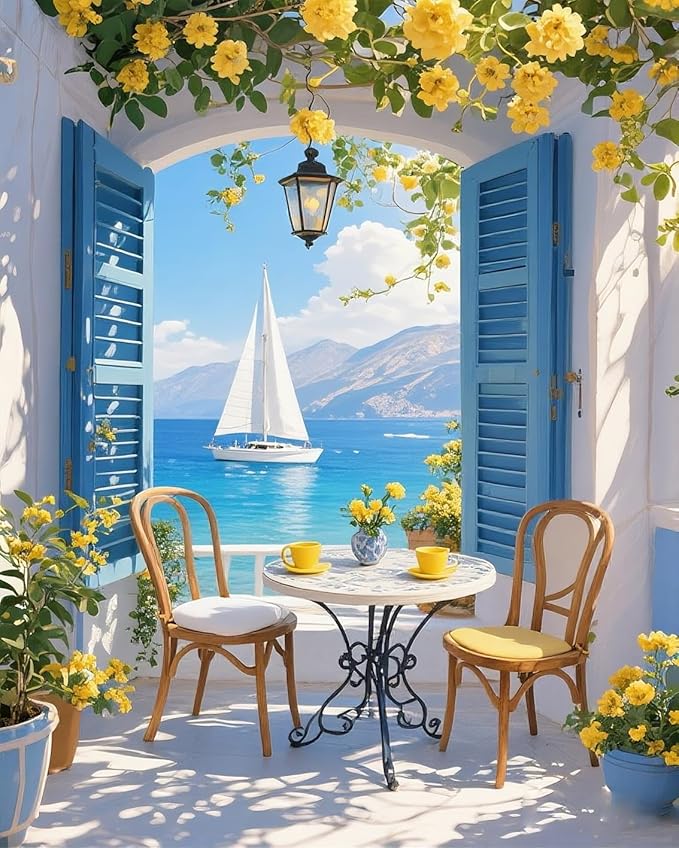 Scenery Paint by Numbers Kit for Adults,Seaside Landscapes Acrylic Paint by Number Kits on Canvas for Adult Beginner,DIY Window View Oil Painting by Numbers Kit Crafts for Home Decor Gift 16X20 Inch.