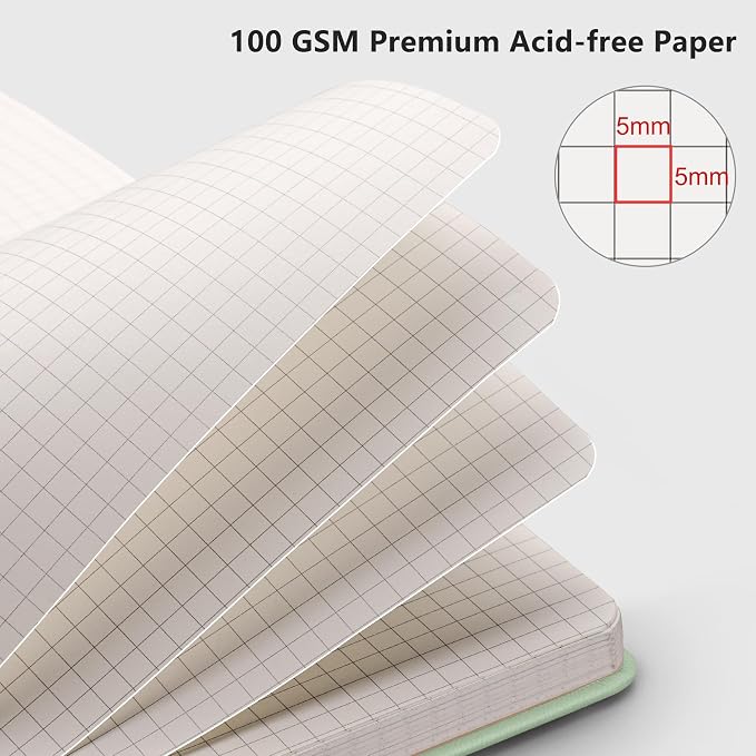 RETTACY Graph Grid Paper Notebook, 192 Pages, A5 Size (5.7'' x 8.3'') | 5 Squares per Inch, Leather Hardcover, 100 GSM Thick Paper, for School, Students, Math, Engineering (Light Green)