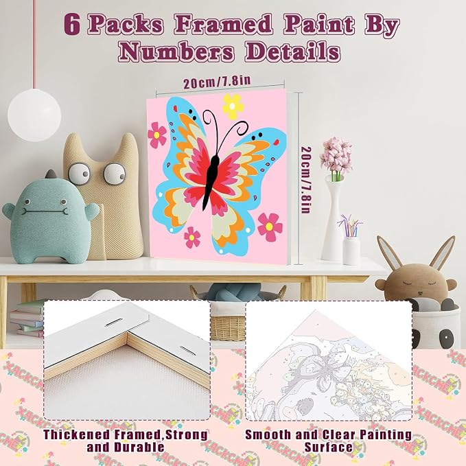 MXCFZX 6 Pack Butterfly Paint by Number for Kids with Wooden Frame,Easy Paint by Numbers for Kids Ages 4-8-12 Children DIY Acrylic Oil Painting by Number Kits for Home Wall Decor 8x8 Inch