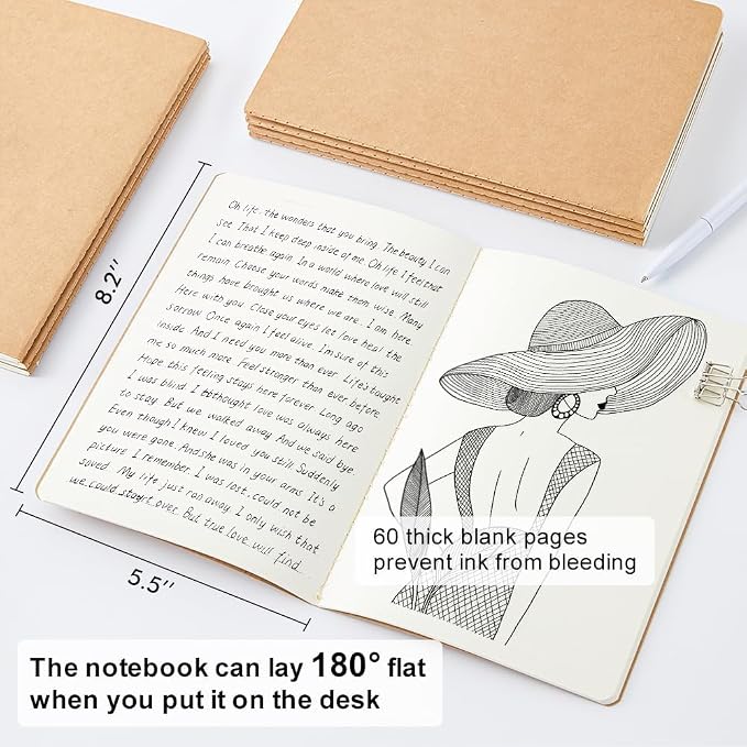 feela 8 Pack Unlined Kraft Paper Notebooks, Blank Journal Note Pad for Drawing Writing, Small Sketchbook Travel Journal Bulk for Women Kids Students Office School Supplies, A5, 60 Pages, 8.3” X 5.5”