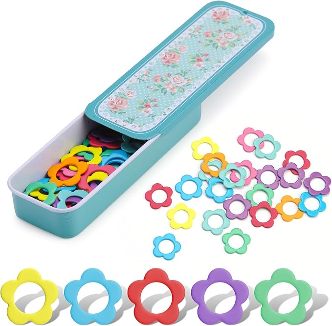Jmuiiu Flower Metal Stitch Markers, 50Pcs Metal Crochet Stitch Markers | Colorful Crochet Markers, Stitch Marker Ring for Knitting Crocheting Clothing Tag DIY Craft Project with Storage Box