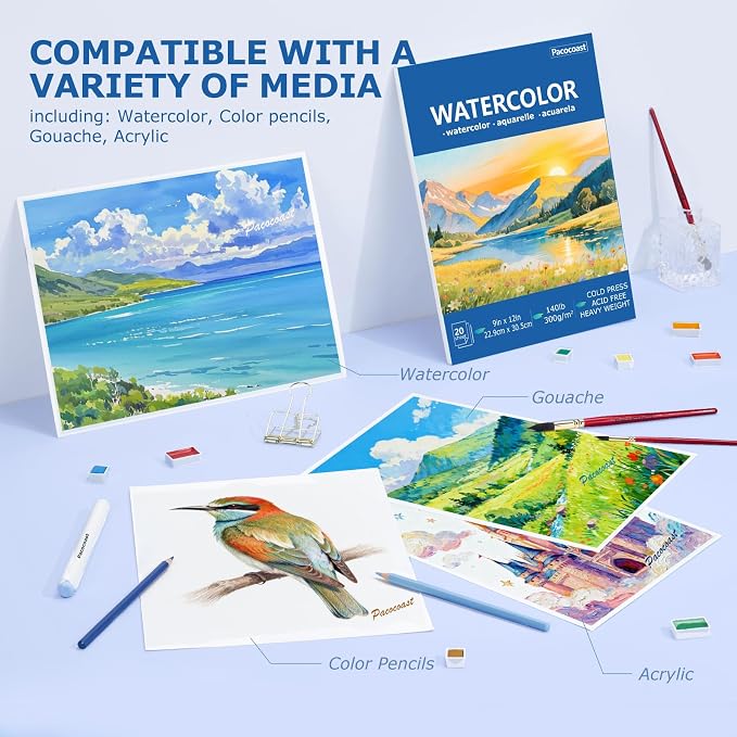 Pacocoast Watercolor Paper Pad, 9"x12" Water Color Paper, 140lb/300gsm Blue