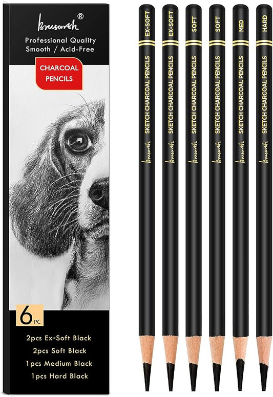 Brusarth Professional Charcoal Pencils Drawing Set - 6 Pieces Soft Medium and Hard Charcoal Pencils for Drawing, Sketching, Shading | Soft Medium and Hard Charcoal Pencils for Drawing, Sketching, Shading, Charcoal Pencils for Beginners & Artists