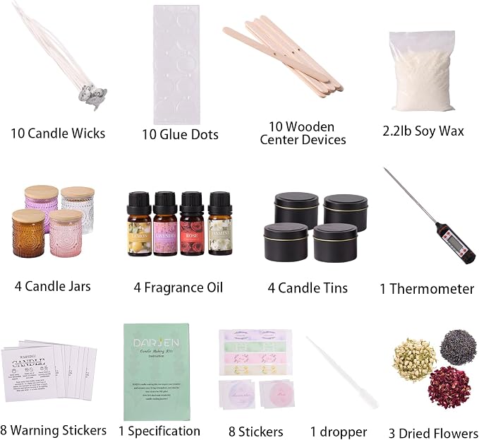 DARJEN Candle Making Kit for Adults, 8 Jars & Tins Soy Wax Scented DIY Set | 100% Soy Wax, 10oz Glass Jars, 4oz Tins, Cotton Wicks, Pleasant Scents, Instruction& More- Perfect as Home Decorations