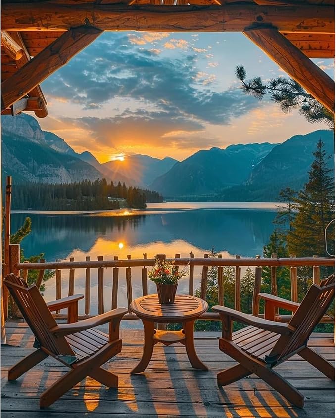 Fountor Sunset Paint by Numbers Kit for Adults Beginner 16x20 Inch | DIY Acrylic Painting by Numbers Mountain Lake Landscape, Without Frame Canvas, Stress Relief Craft Kits, For Home Decor Gift
