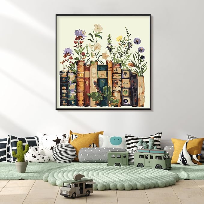 Yezavesu Book Framed Paint by Numbers Kit for Adults Beginner | With Frame Canvas 12x12 Inch, DIY Acrylic Painting by Numbers Flowers, Stress Relief Craft Kits, Home Wall Decor Gift