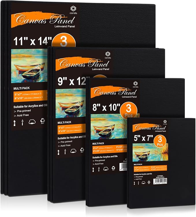 Conda Black Canvas Panels Multi Size Pack - Acid-Free Primed Surface for Oil Acrylic Watercolor Painting (11x14 9x12 8x10 5x7, 12-Pack)