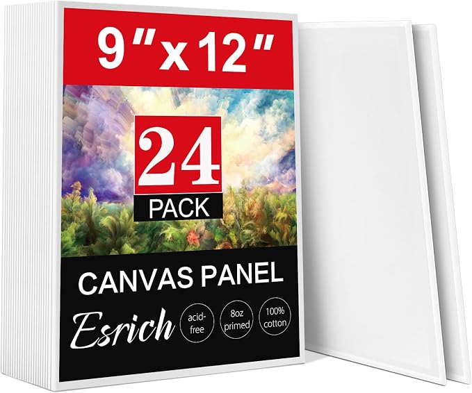 ESRICH Canvas Boards for Painting, 24 Pack 9x12 Canvases for Painting Cotton Primed Acid Free Blank Canvas Panels for Oil Paint, Watercolor, Acrylic Paint, Gouache and Tempera.