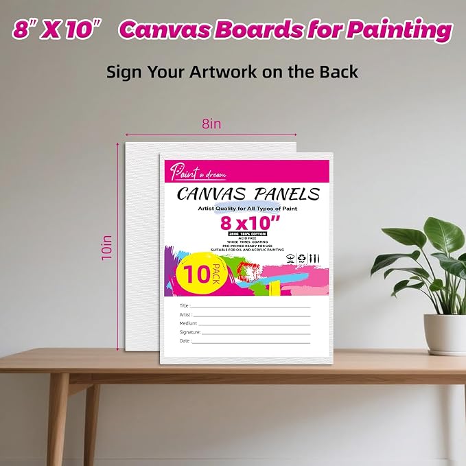 10 Pack 8"x10" Canvas Boards for Painting, 100% Cotton Triple Primed | Flat Canvas Panels for Acrylics & Oils Watercolor Paints, Acid-Free & Non-Toxic, Art Boards for Home Decor, Classroom
