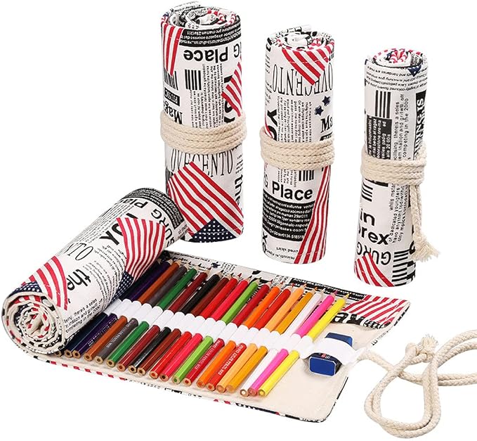 DIYOMR 24/36/72 Slots Pencil Wrap - Roll Up Bag with Short Brushes Pouch Case for Drawing, Coloring and Sketching - NO PENCILS (Flag, 36 Slots)