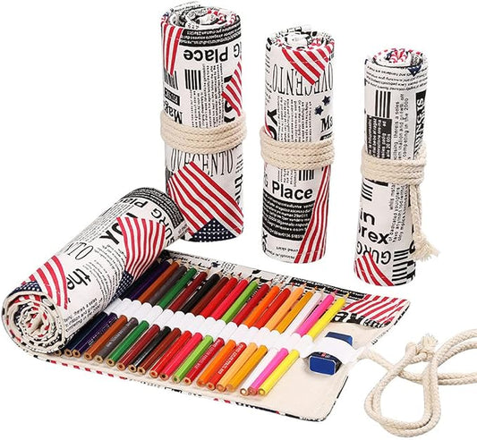 DIYOMR 24/36/72 Slots Pencil Wrap Pencil Rolls, Artist Colored Pencils Roll Up Bag Short Brushes Pouch Case Pencils Organizer for Drawing Coloring and Sketching,No Pencils (Flag, 24slots)