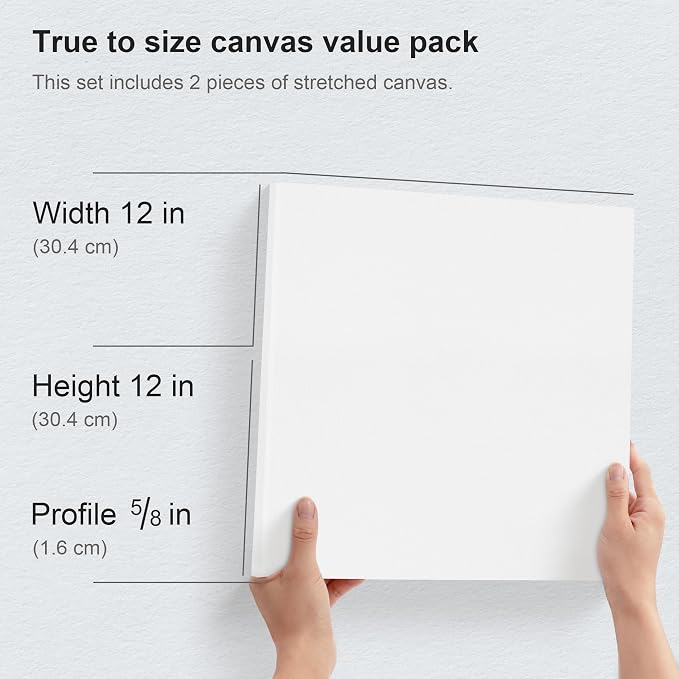 PHOENIX 12x12 Inch Pack of 2 Canvas - 8 Oz Triple Primed 5/8 Inch Profile 100% Cotton White Blank Canvas, Square Framed Canvas for Oil Acrylic & Pouring Art