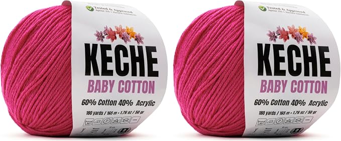 Keche Baby Cotton, 60% Cotton 40% Acrylic Yarn, Soft Cotton Yarn for Crochet and Knitting, Amigurumi Yarn 4 Skeins/Balls [1.76 Oz (50g) / 180 Yrds (165m)] x 2 DEEP Pink