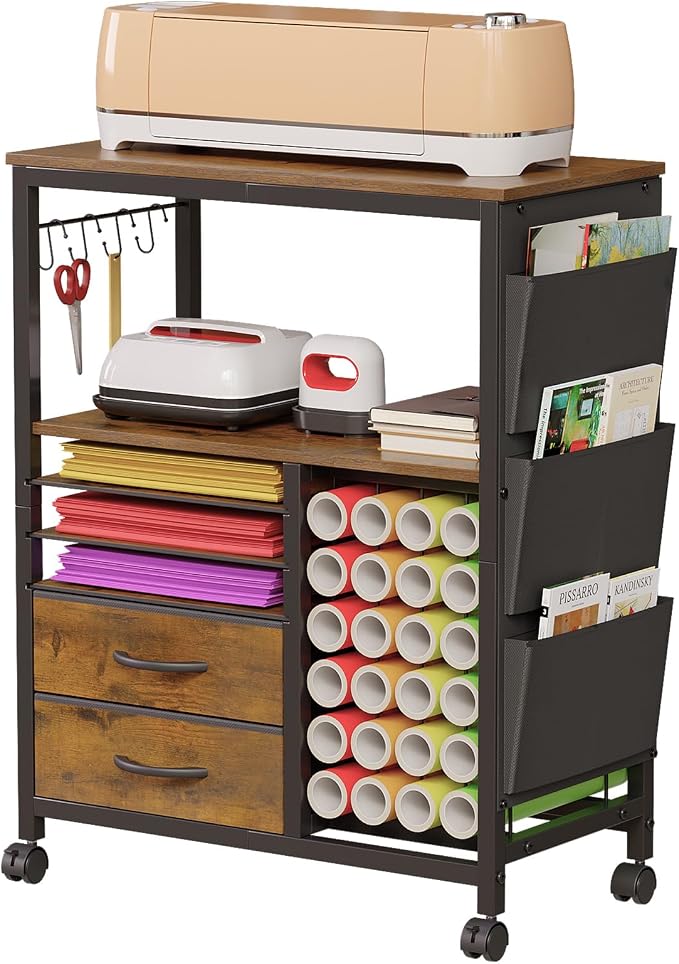 Craft Organizer and Storage Cart Compatible with Cricut Machine Stand Rolling Craft Cabinet Table with Drawers Shelf Vinyl Roll Holders Accessories Holder Tool Hooks for Craft Workstation Room-Brown