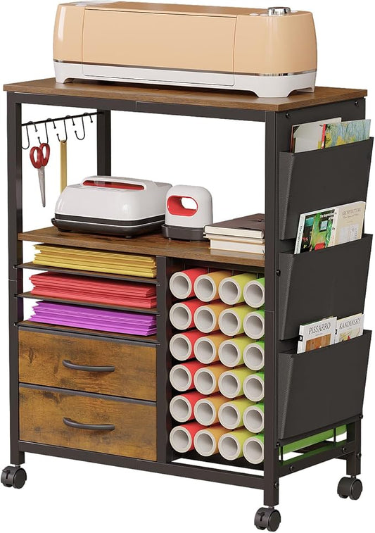 Craft Organizer and Storage Cart Compatible with Cricut Machine Stand Rolling Craft Cabinet Table with Drawers Shelf Vinyl Roll Holders Accessories Holder Tool Hooks for Craft Workstation Room-Brown