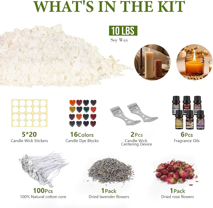 FUHITIM Soy Candle Wax Kit for Candle Making 10 lbs Bag | Natural Soy Wax Flakes, No additives 100 Cotton Candle Wicks,Fragrance Oils, Dried Flowers, DIY Set for Home Crafting