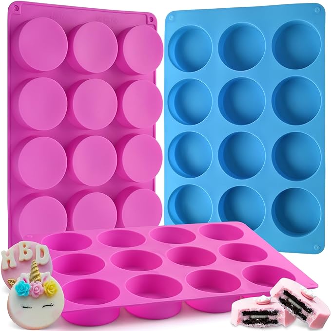 Sakolla 3 Pcs Round Chocolate Cookie Molds, 12-Cavity Cylinder Silicone Molds for Chocolate, Cake, Candy, Pudding, Mini Soap (2 Rose Red+1 Blue)