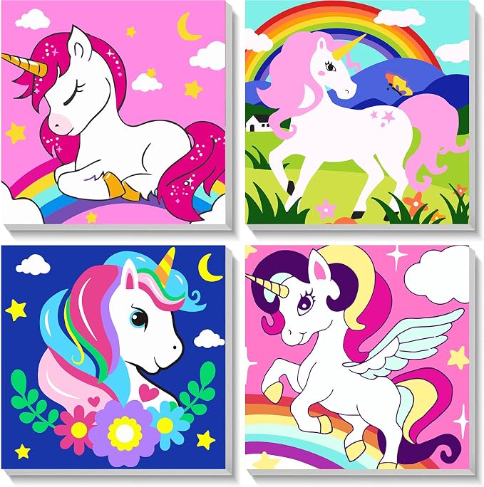 4 Pack Cartoon Paint by Number for Kids with Wooden Frame - Wooden Easel | Paint by Numbers for Kids Ages 4-8-12, Easy Painting with Numbers DIY Oil Painting Kits for Home Wall Decor (8X8 inch)