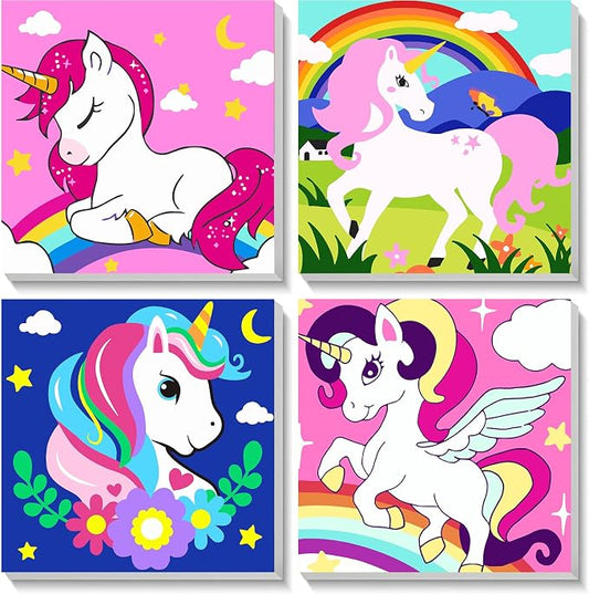 4 Pack Cartoon Paint by Number for Kids with Wooden Frame - Wooden Easel | Paint by Numbers for Kids Ages 4-8-12, Easy Painting with Numbers DIY Oil Painting Kits for Home Wall Decor (8X8 inch)